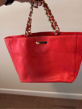 Michael Kors Orange Leather Tote with Gold Chain-Strap Accents